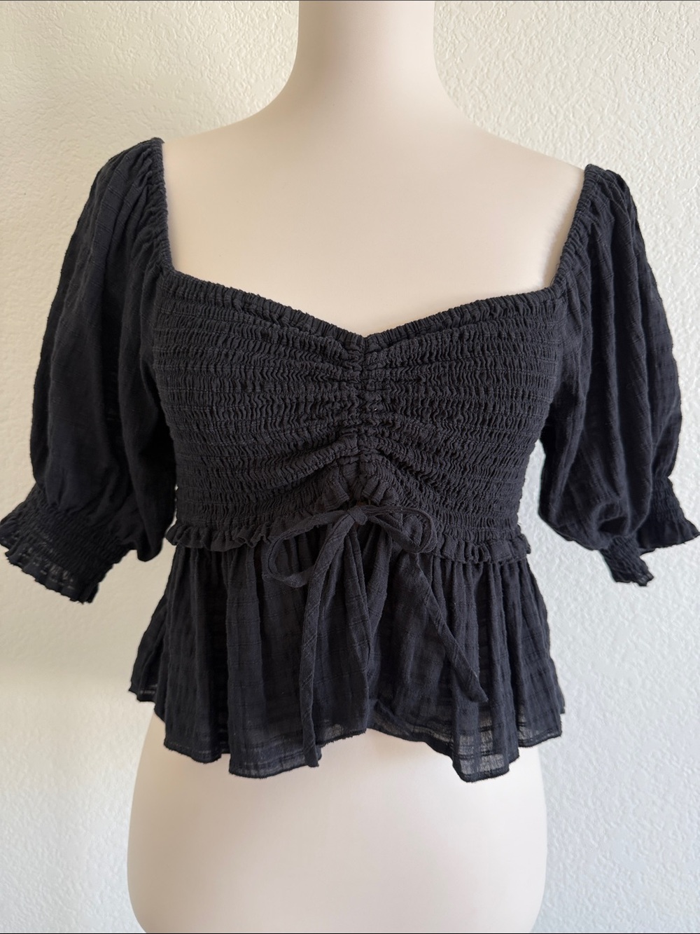 Abercrombie & Fitch Black Smocked Peplum Puff Sleeve Top